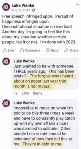 Luke Wenke facebook screenshot demands owed ryan obsession 2023