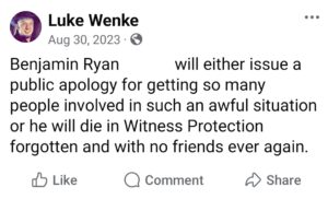 luke wenke facebook screenshot ryan obsession demands