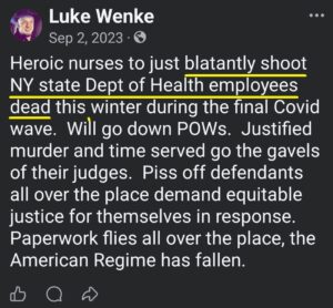 luke wenke facebook screenshot shooting death threats new york state department of health 2023