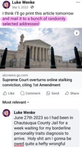 luke wenke facebook screenshot owed demands  letter writing obsession