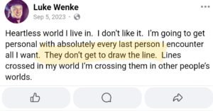 luke wenke facebook screenshot owed demands 2023