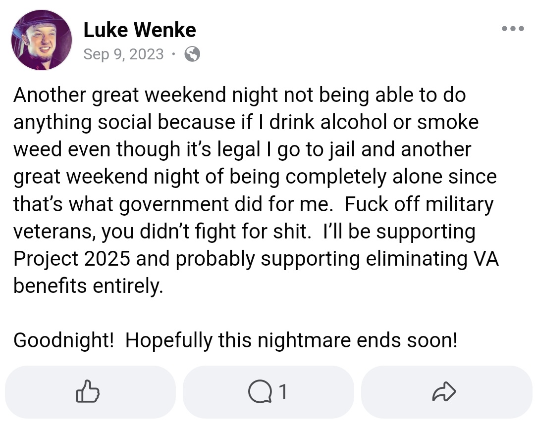 luke wenke facebook screenshot self-pity incel talk 2023