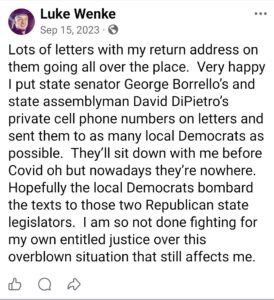 luke wenke facebook screenshot demands 2023