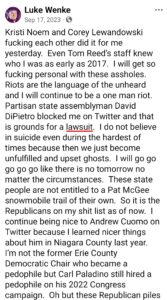 luke wenke facebook screenshot threats to sue 2023