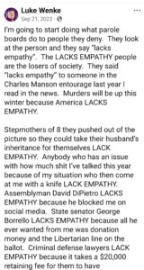 luke wenke facebook screenshot owed self-pity senator george borrello assemblyman david dipietro 2023