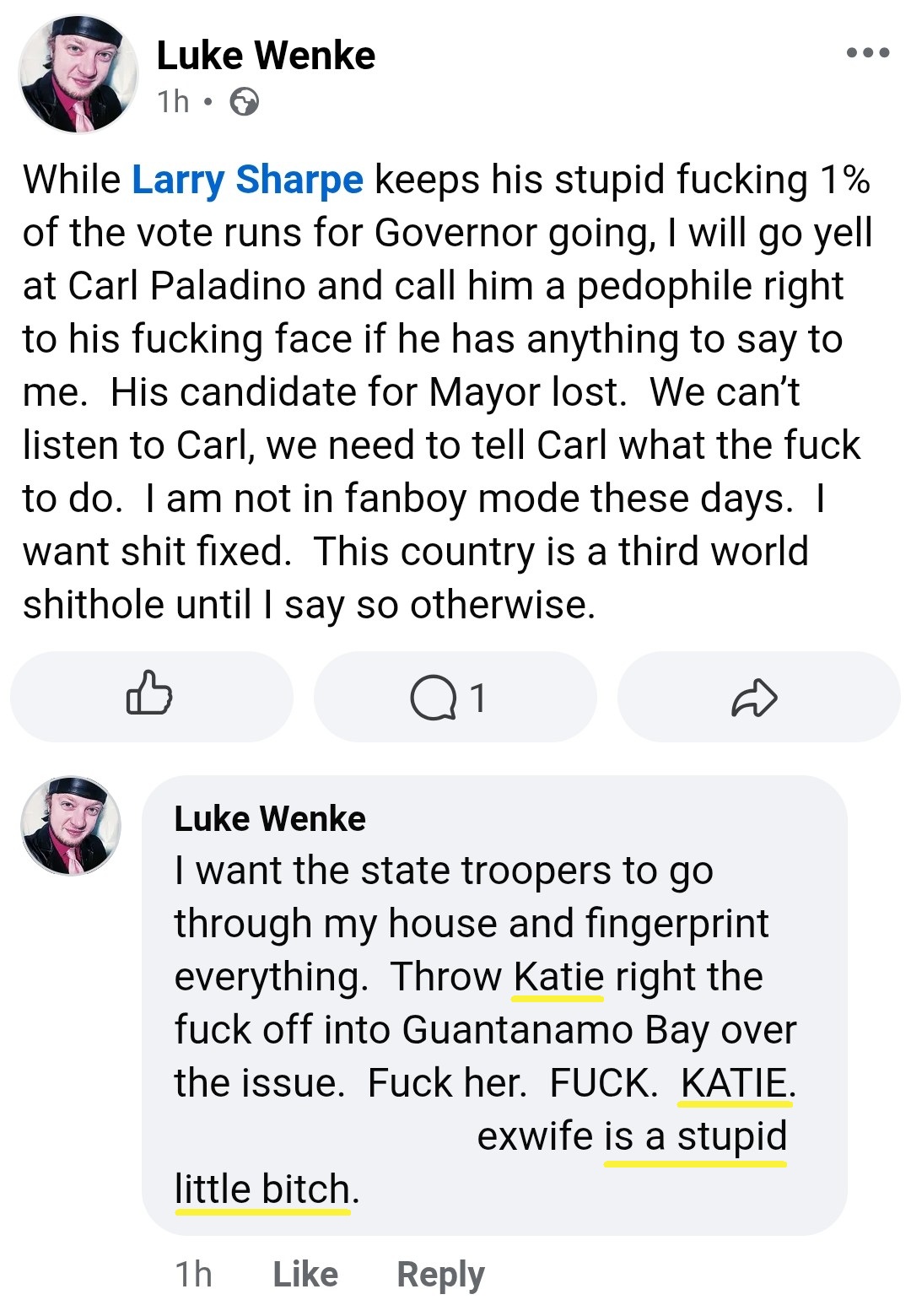 screenshot of a november 2025 luke wenke facebook post taunting stalking victim katie