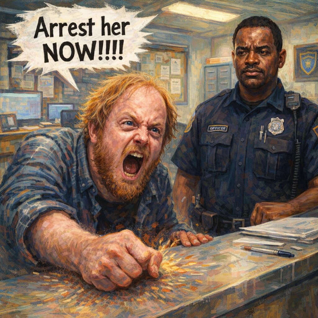 comic book-like image of a balding disheveled white man demanding a female's arrest at a police station