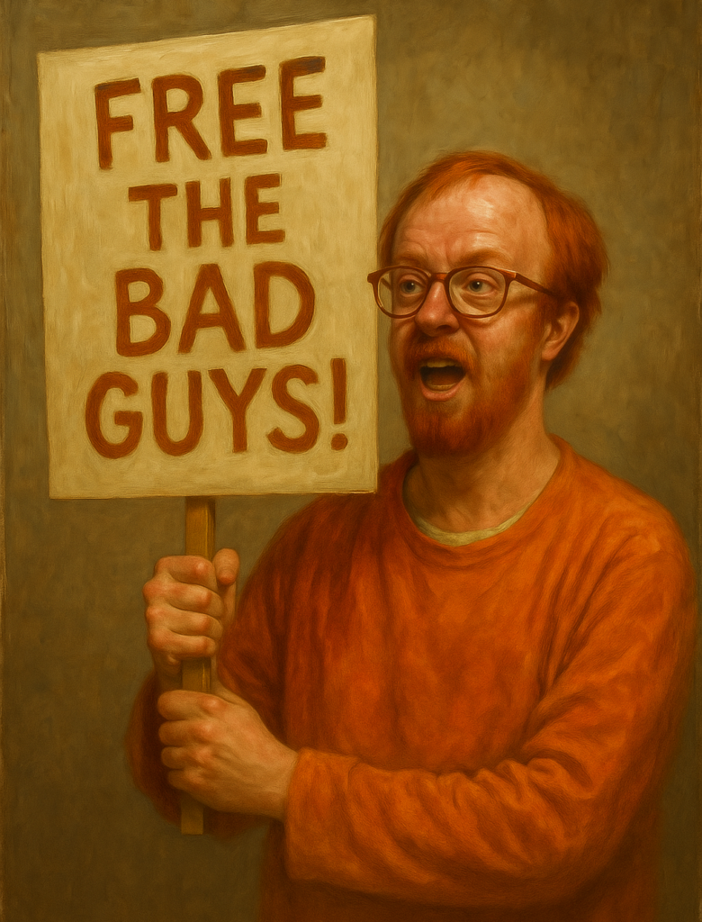 not luke wenke balding white man glasses orange sweatshirt picketer protester demonstrator free the bad guys sign
