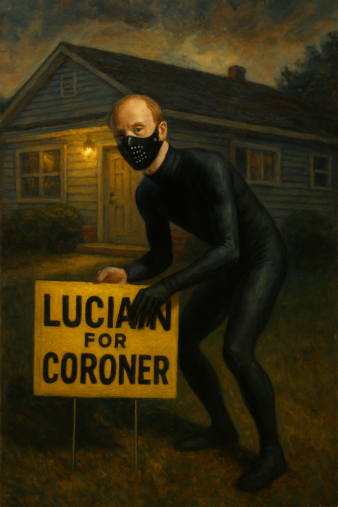 a balding latex gimp suit-clad white man placing a "luke wenke for coroner" sign outside a north carolian home