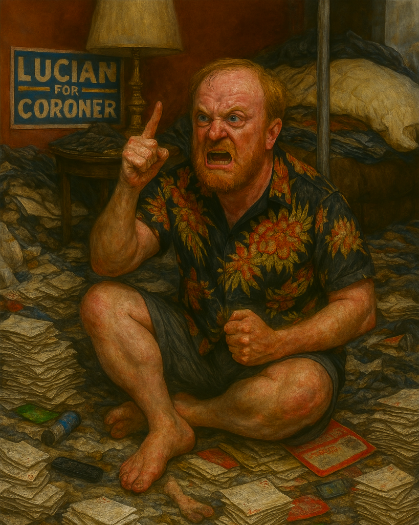 not luke wenke cross-legged hoarded living room sitting on floor surrounded by junk and letters angry white man