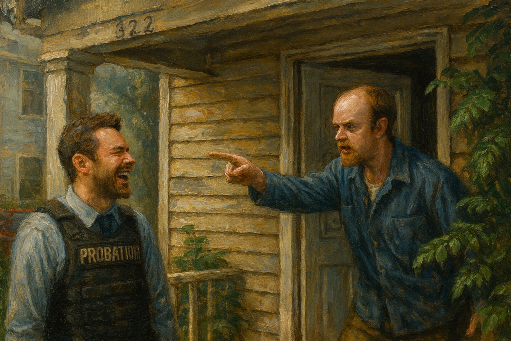 not luke wenke angry balding white man ramshackle house yelling at probation officer