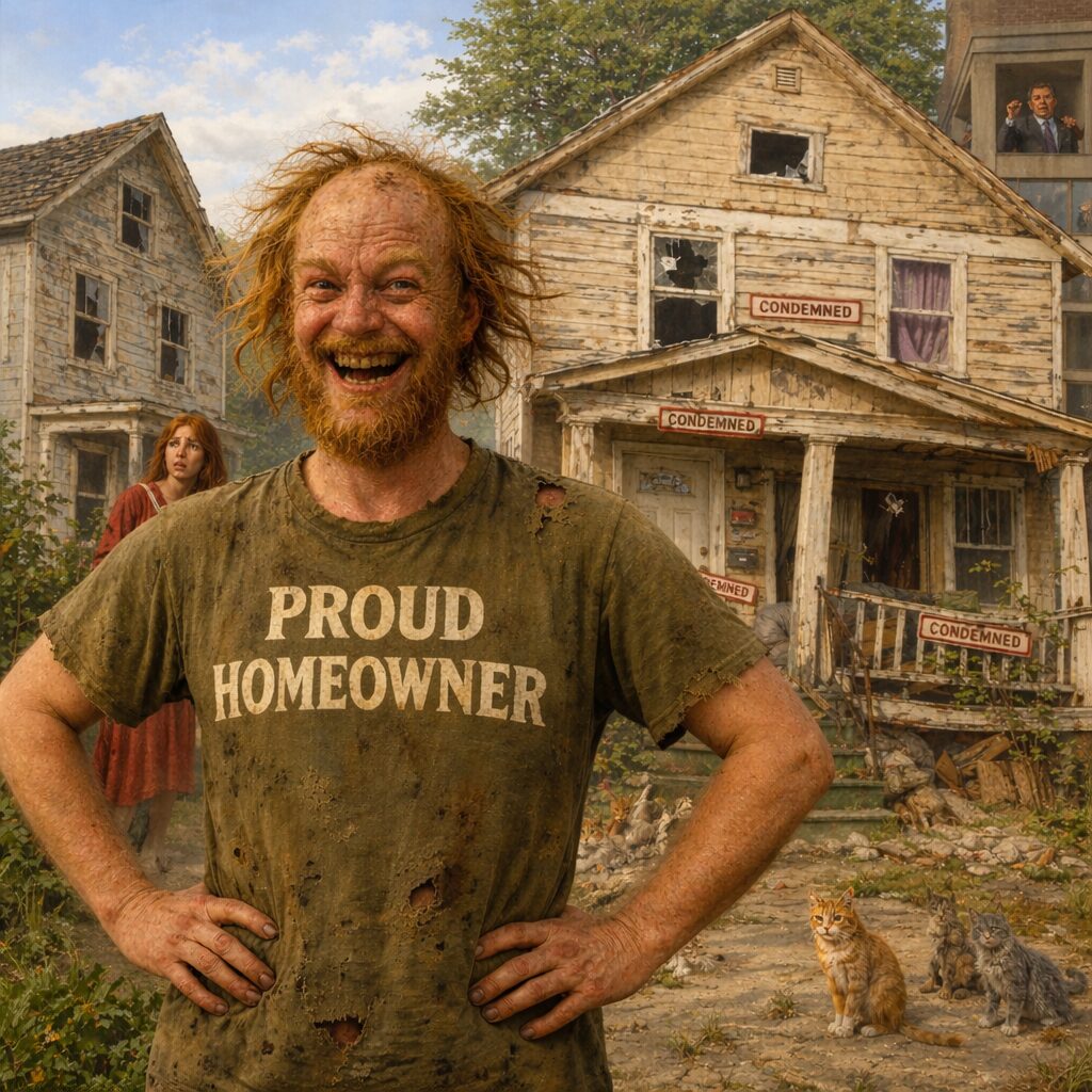 not luke wenke balding white man proud homeowner tshirt blighted decrepit house disrepair condemned ramshackle redheaded woman cats