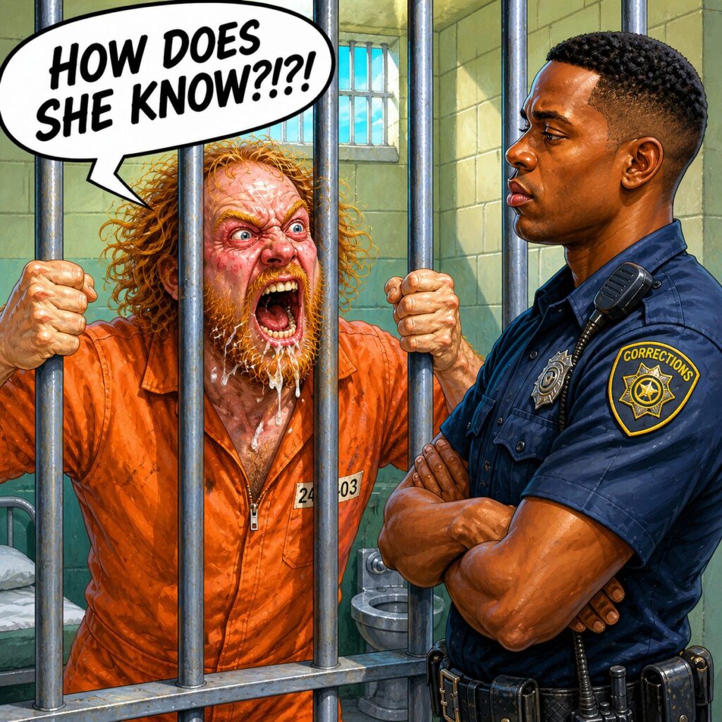 comic book-like image of a balding disheveled white male inmate in an orange jumpsuit yelling at a corrections officer