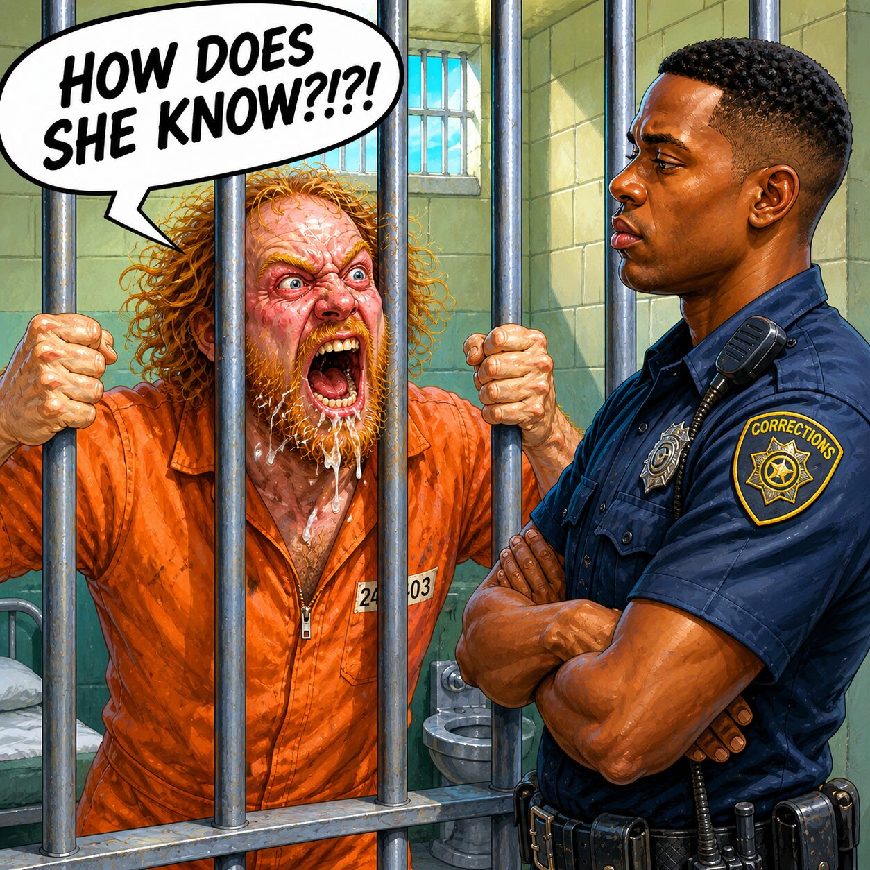 comic book-like image of a balding disheveled white male inmate in an orange jumpsuit yelling at a corrections officer