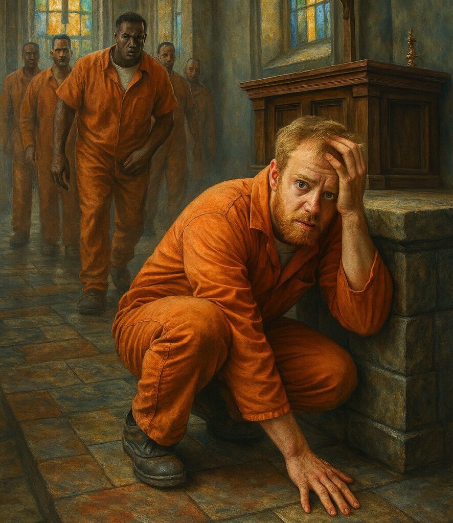painterly image of a balding white male prisoner trying to hide and run from angry fellow inmate