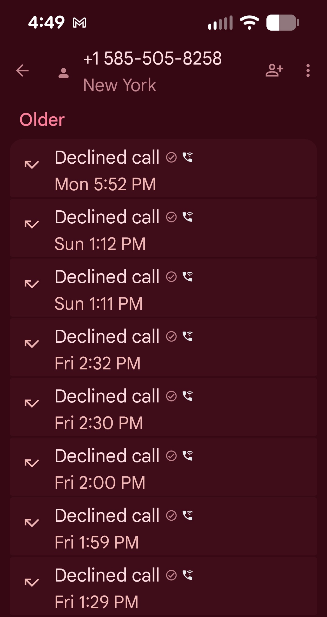 a call log depicting luke wenke's attempts to call his stalking victim from the Monroe County Jail in Rochester, NY