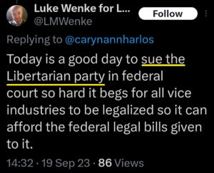 luke wenke x twitter screenshots threats to sue libertarian party 2023