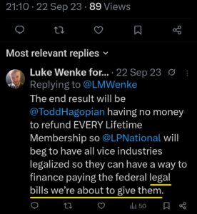 luke wenke x twitter screenshot threats to sue libertarian party 2023