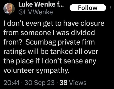 luke wenke whining about being separated from stalking victim benjamin ryan teeter x/twitter screenshot september 2023