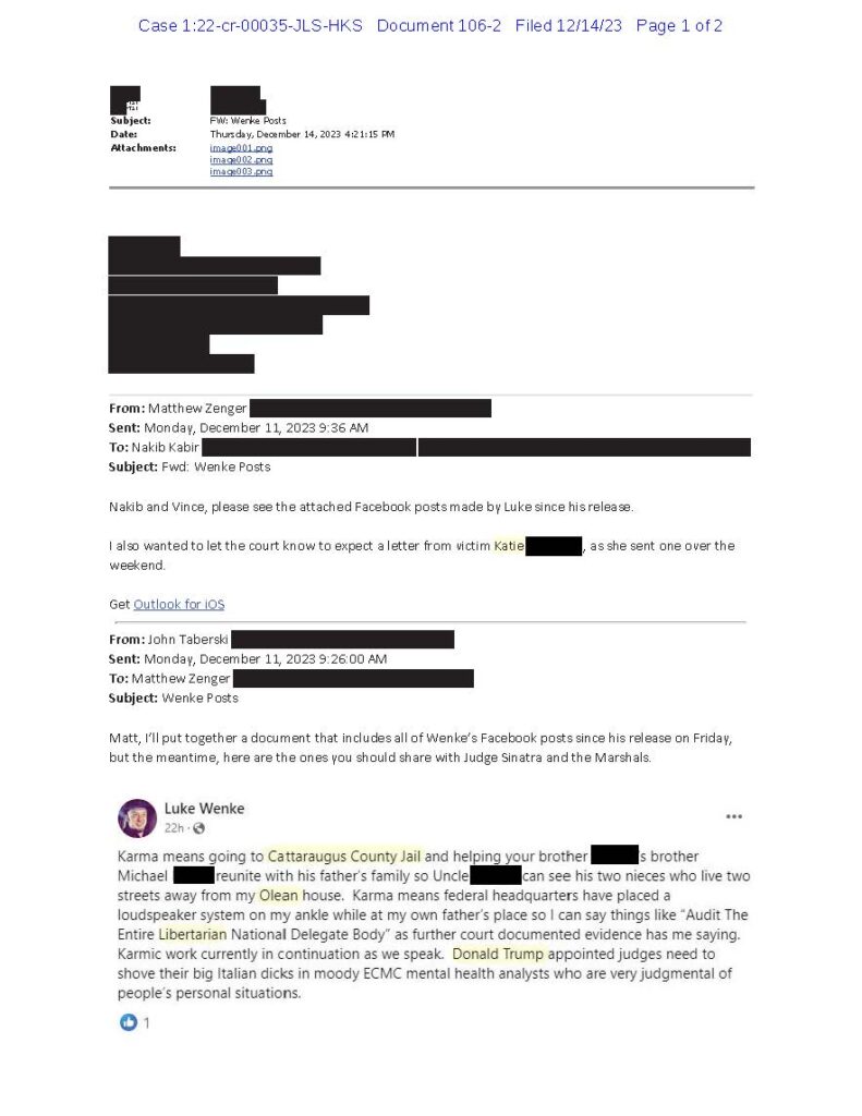emails between federal probation and court personnel about luke wenke's online posts