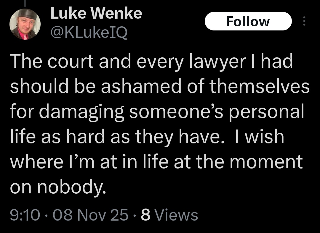 screenshot of a december 2025 luke wenke x/twitter post blaming public defenders for his problems
