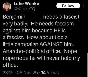 luke wenke x twitter screenshot benjamin ryan tetter obsession 2025