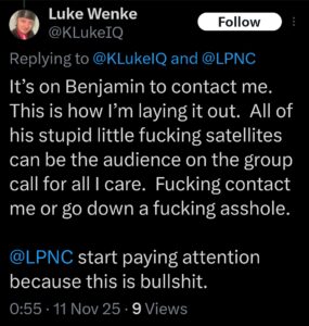 luke wenke x twitter screenshot benjamin ryan teeter obsession demands 2025