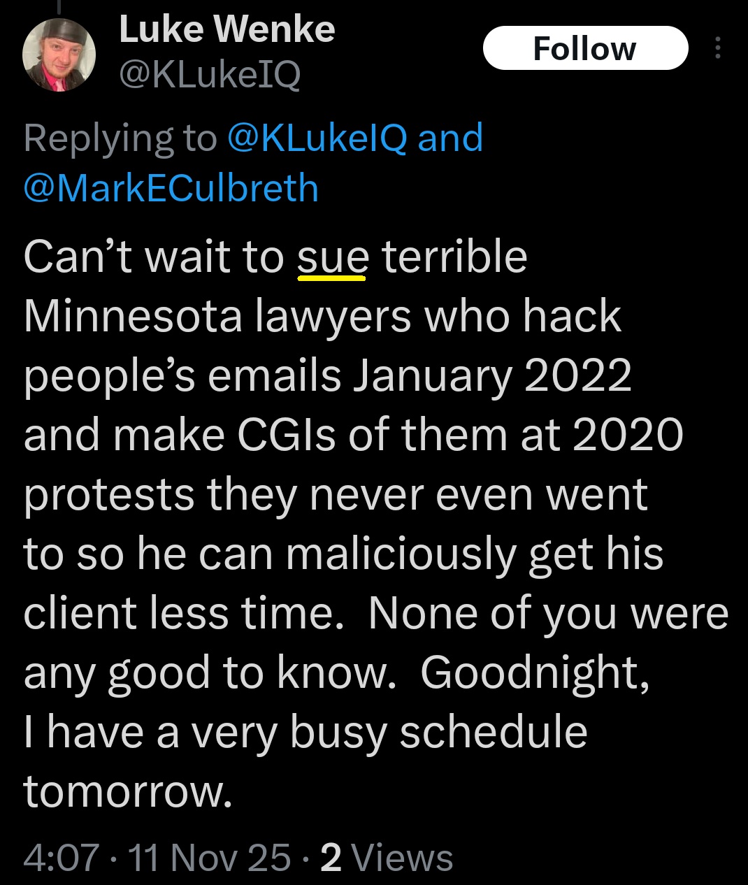 luke wenke x twitter screenshot threats to sue cyberstalking victim minnesota attorney 2025