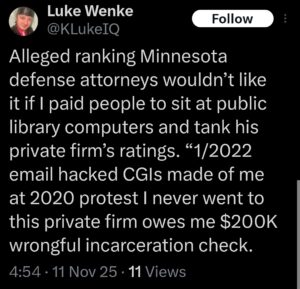 luke wenke x twitter screenshot threats false reviews minnesota lawyer 2025