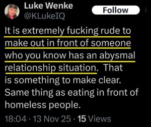 luke wenke facebook screenshot incel talk jealous of mommy 2025