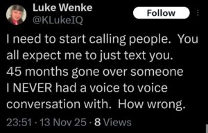 luke wenke x twitter screenshot owed demands self-pity incel 2025