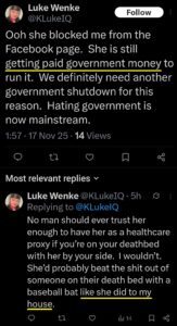 luke wenke x twitter screenshot false allegations conspiracy collusions vandalism property damage katie obsession 2025