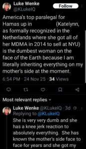 luke wenke x twitter screenshot katie obsession false allegations selling drugs 2025