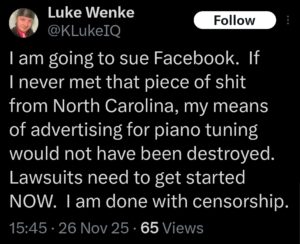 luke wenke x twitter screenshot ryan obsession threats to sue 2025