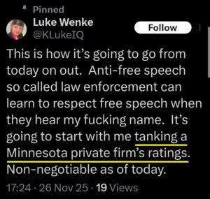 luke wenke x twitter screenshots threats false reviews 2025