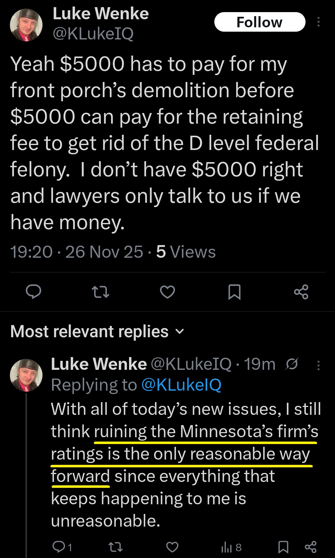 luke wenke x twitter screenshot threats false reviews 2025