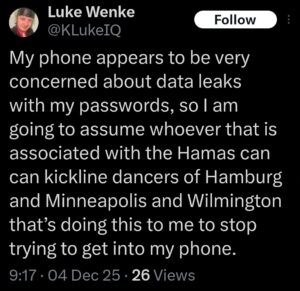 luke wenke x twitter screenshot false allegations hacking 2025