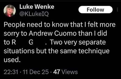 x/twitter screenshot of luke wenke trash talking his cyberstalking victim december 2025