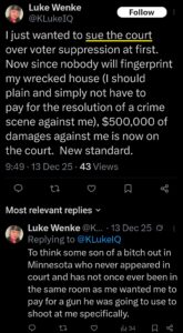 luke wenke x twitter screenshot threats to sue federal government 2025