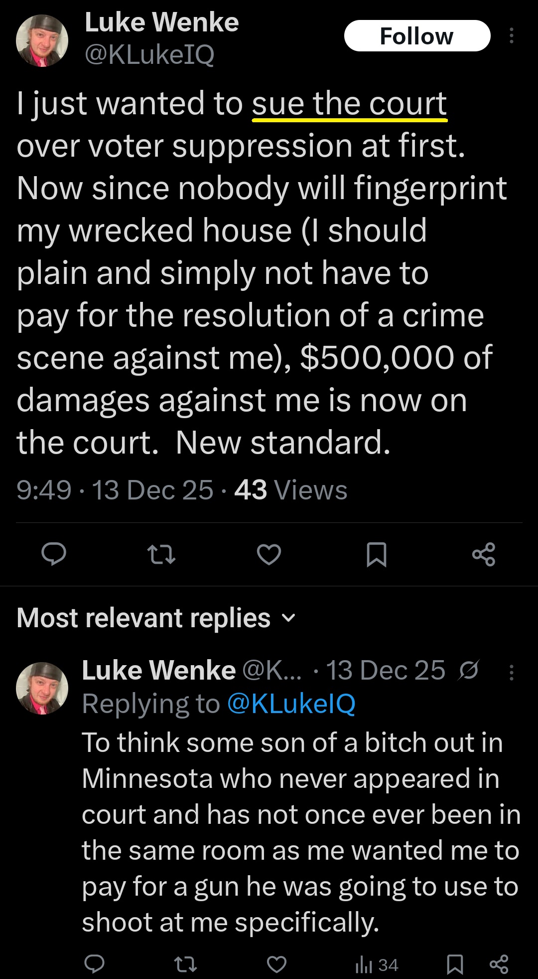 luke wenke x twitter screenshot threats to sue federal government 2025