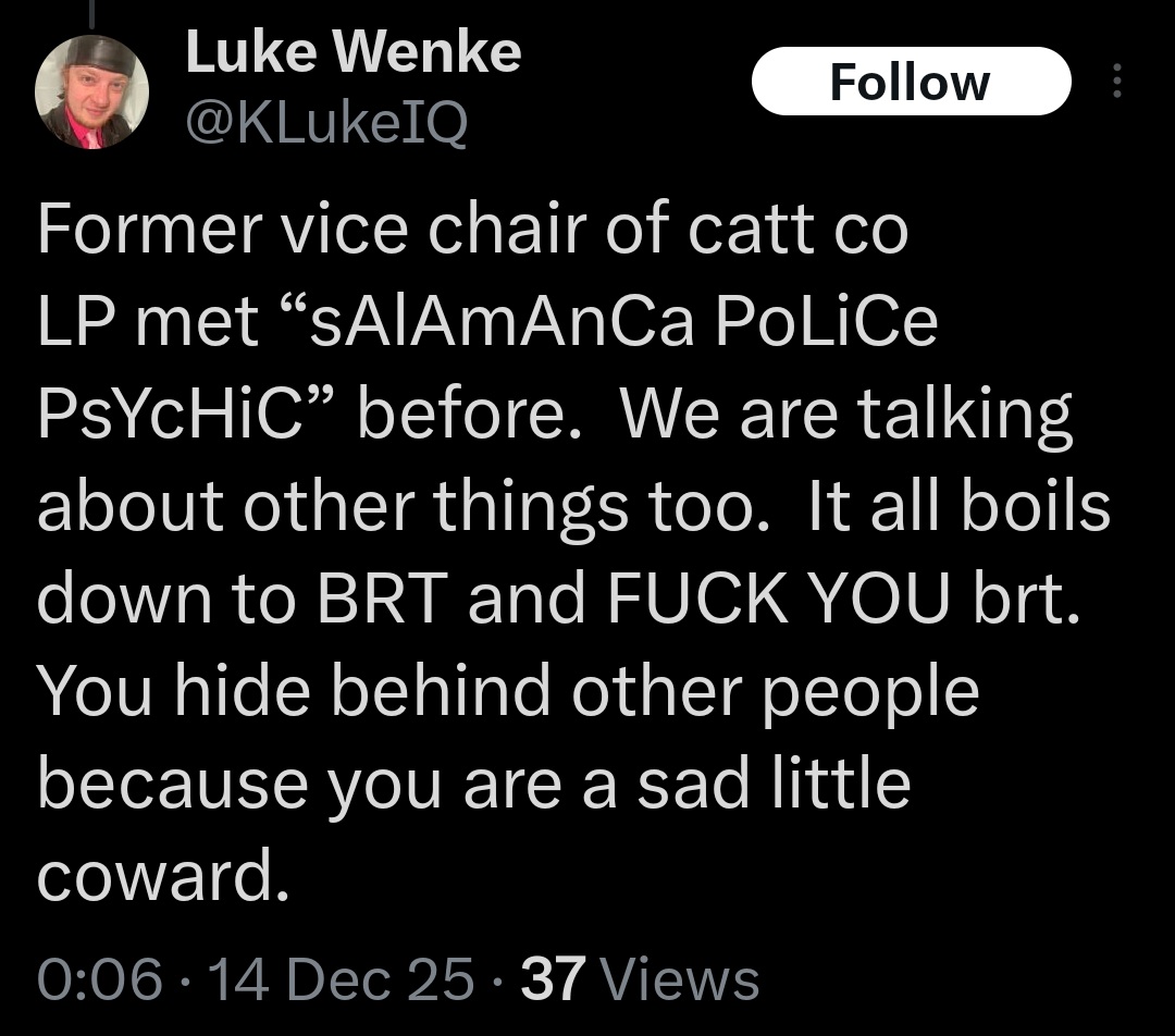 luke wenke calls stalking victim ryan teeter a coward for refusing to interact with him x/twitter screenshot december 2025