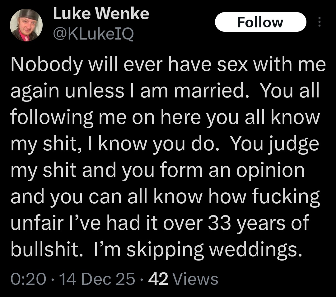 luke wenke vows to remain celibate until marriage x/twitter screenshot december 2025