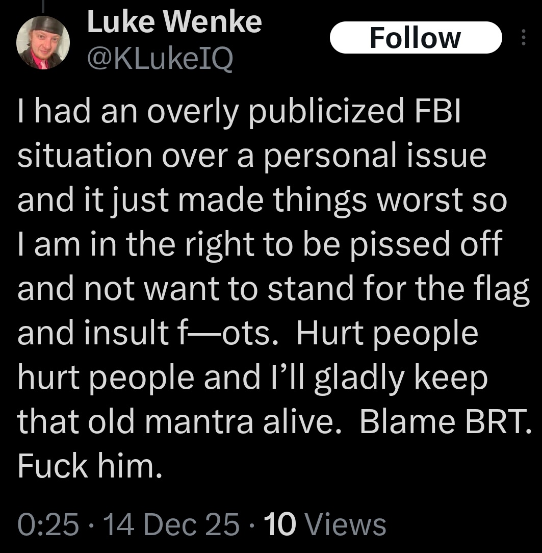 luke wenke doubles down on his anti-american and homophobic sentiments x/twitter screenshot december 2025