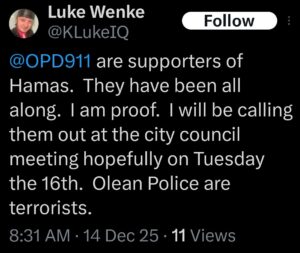 luke wenke x twitter screenshot antipolice antigovernment 2025