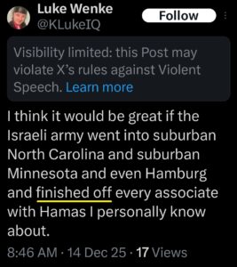 luke wenke x twitter screenshot death threat 2025