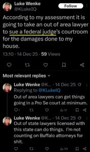 luke wenke x twitter screenshot threats to sue federal judge 2025