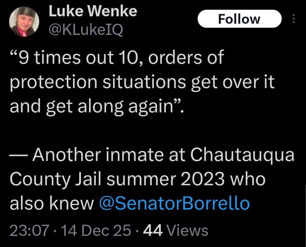a screenshot of a december 2025 luke wenke x/twitter post about violating orders of protection