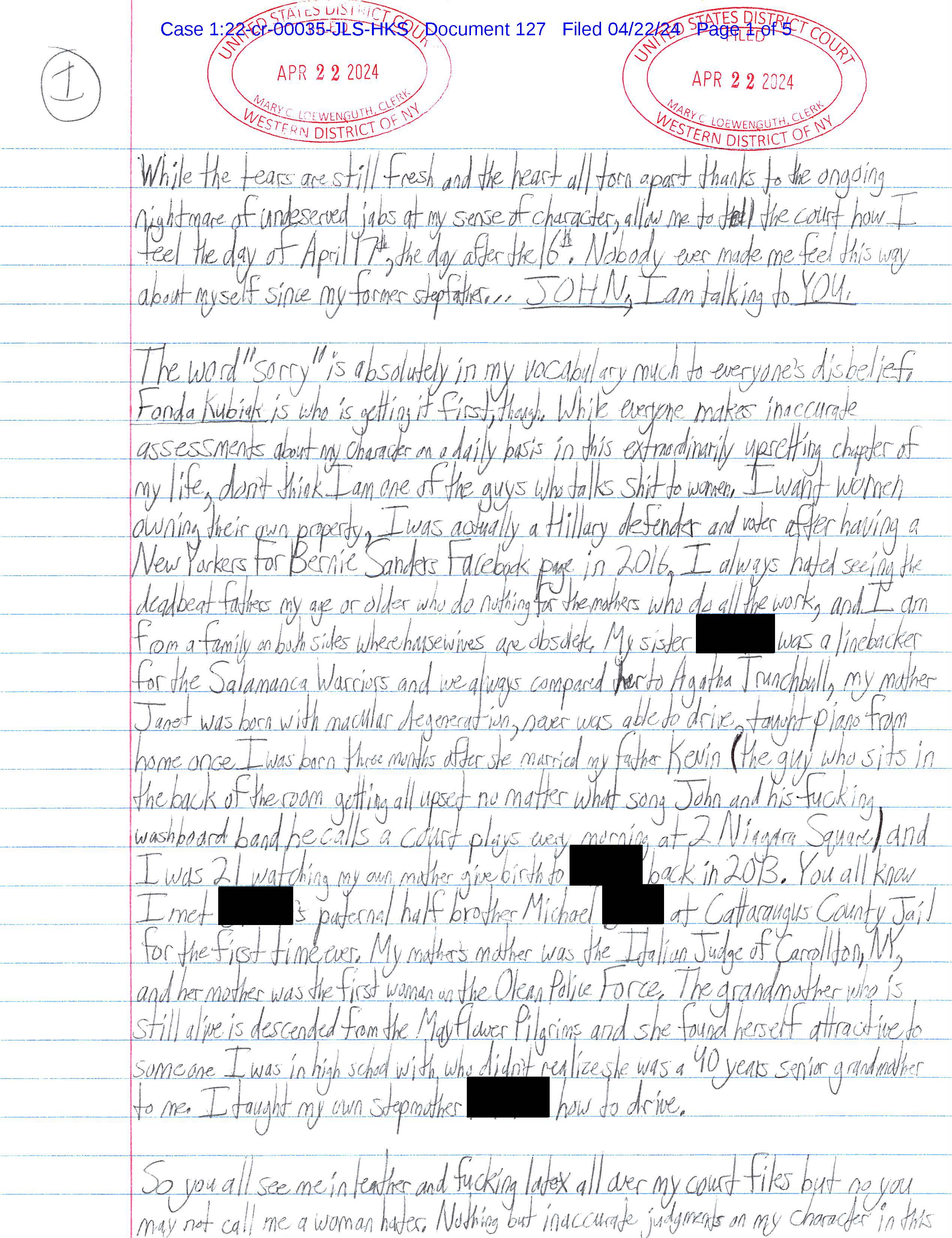 A handwritten letter from Luke Wenke to federal judge John Sinatra Jr.; 04/22/2024