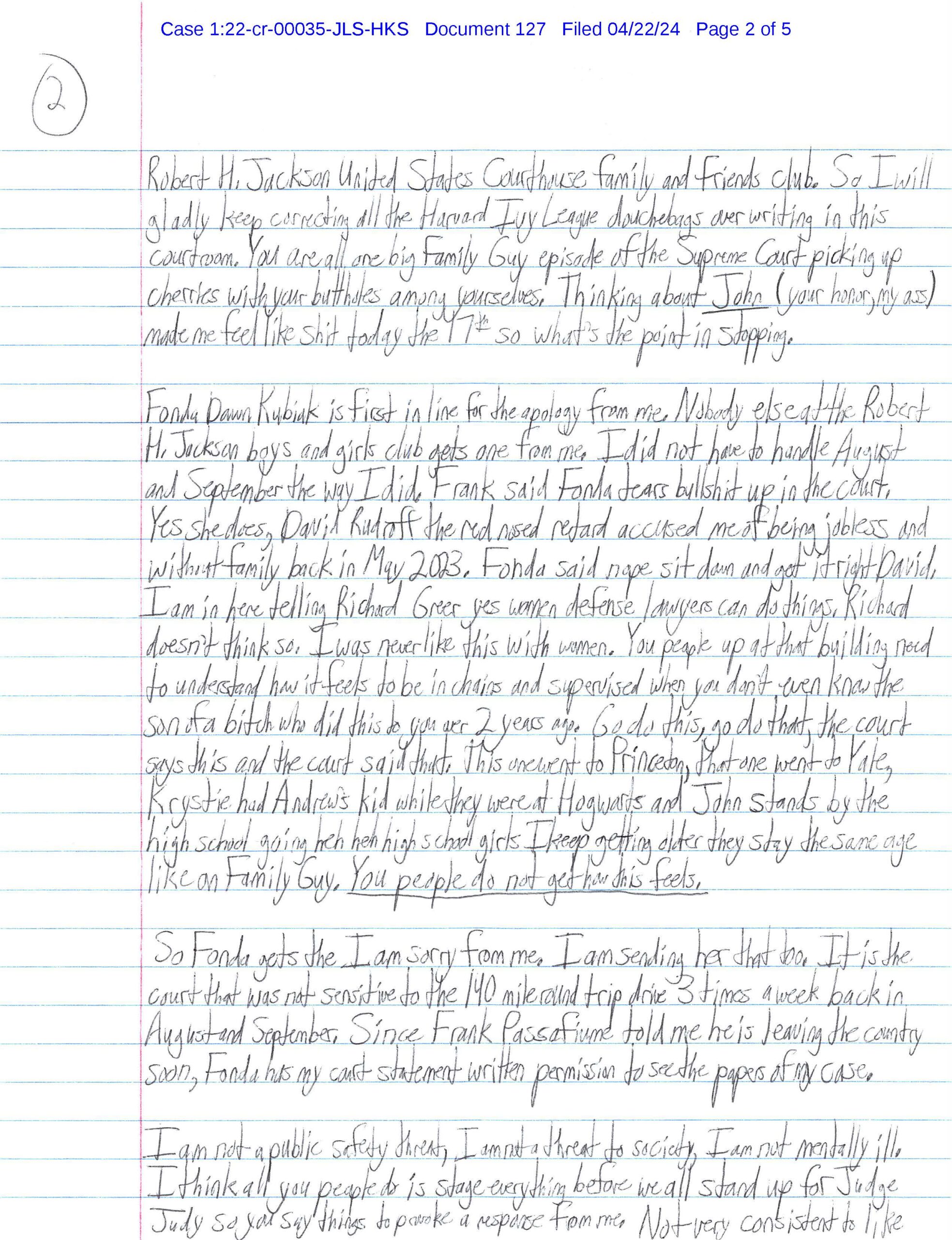 A handwritten letter from Luke Wenke to federal judge John Sinatra Jr.; 04/22/2024