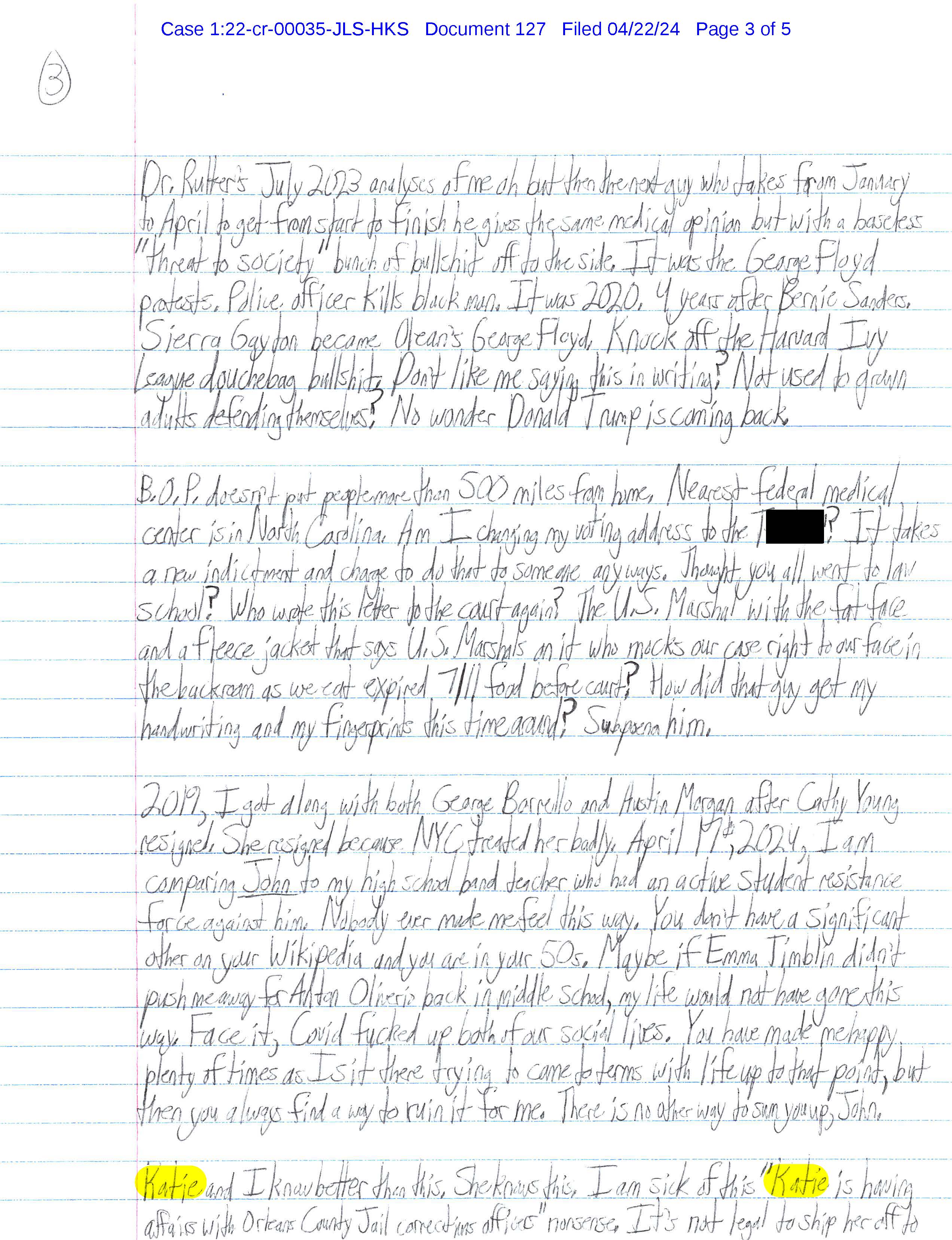 A handwritten letter from Luke Wenke to federal judge John Sinatra Jr.; 04/22/2024